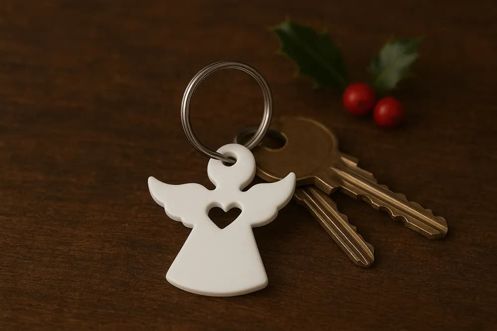 Chaveiro do Anjo da Guarda branco com chaves douradas e decoração natalina, vista de cima
