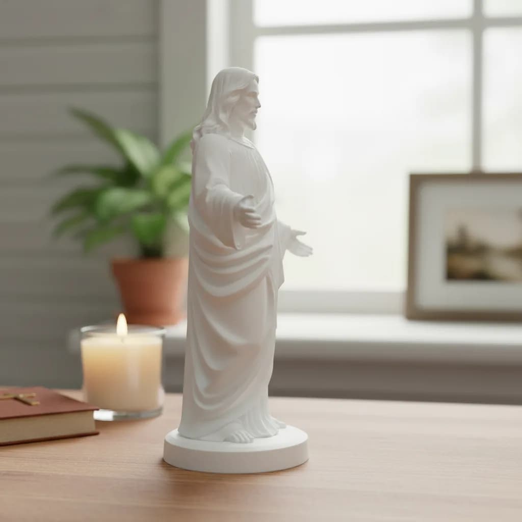 Estátua Jesus Cristo em ambiente decorado com luz suave